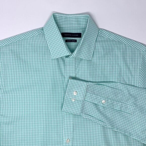 Tommy‎ Hilfiger Slim Fit Stretch Green Check Men's Long Sleeve Shirt Size Small - Picture 1 of 7
